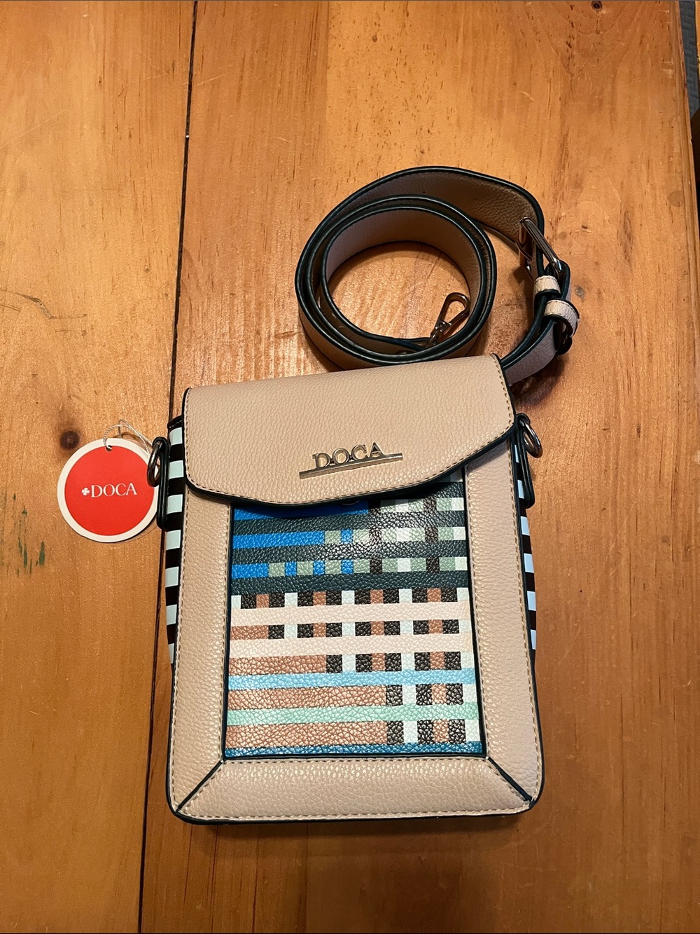 Beige Crossbody Phone Bag with Colorblock Plaid Panel